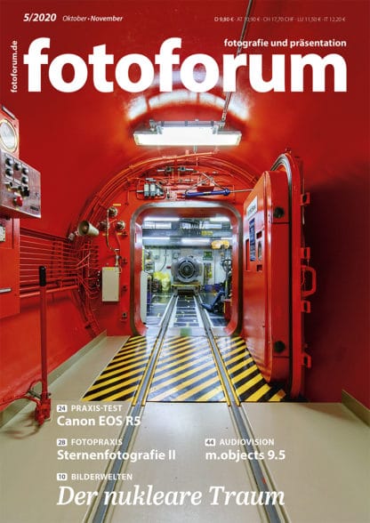 fotoforum Magazin. Fotozeitschrift. Cover Ausgabe 5/2020. Reaktor, Kraftwerk Fukushima, Atomenergie, Kernenergie. Themen: Der nukleare Traum. Canon EOS R5. Sternenfotografie II. m.objects 9.5