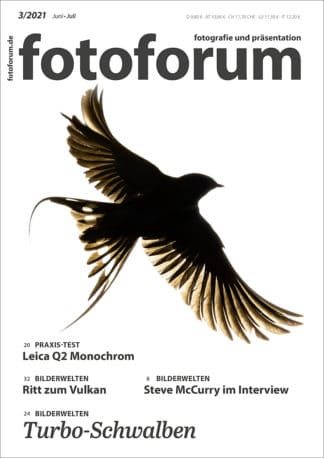 fotoforum Magazin. Fotozeitschrift. Cover Ausgabe 3/2021. Schwalbe auf weißem Hintergrund. Themen: Leica Q2 Monochrom. Ritt zum Vulkan. Steve McCurry im Interview. Turbo-Schwalben.